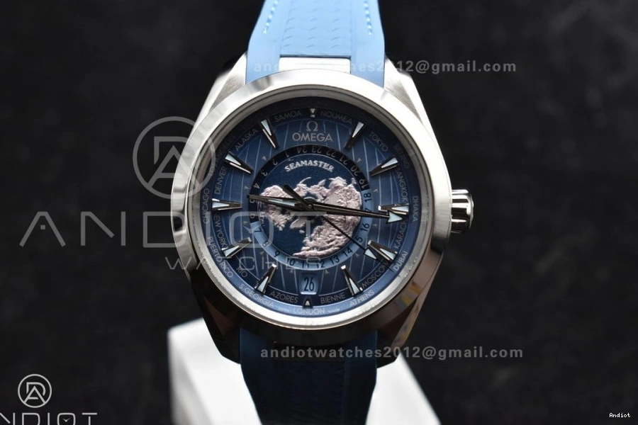 Best Strap 1:1 Summer VSF Clone A8938 Terra Rubber Aqua Worldtimer on Edition Super Blue Blue 43mm Dial GMT 0106
